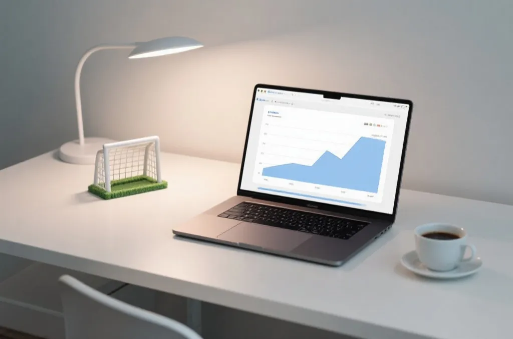 A modern workspace with a laptop displaying clean data charts, a cup of coffee, and a miniature soccer goal model