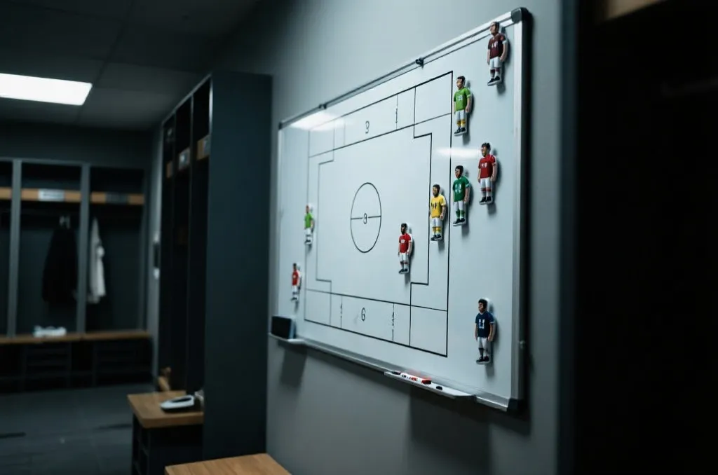 A tactical whiteboard in a football locker room with magnets representing players