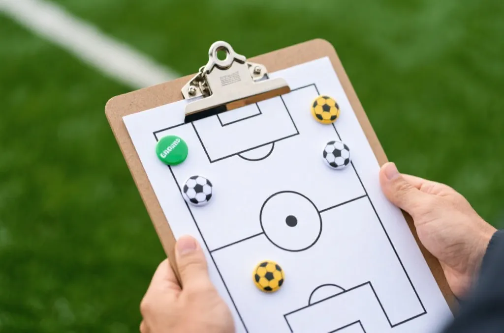 A close-up of a coach clipboard with tactical soccer diagrams and magnets