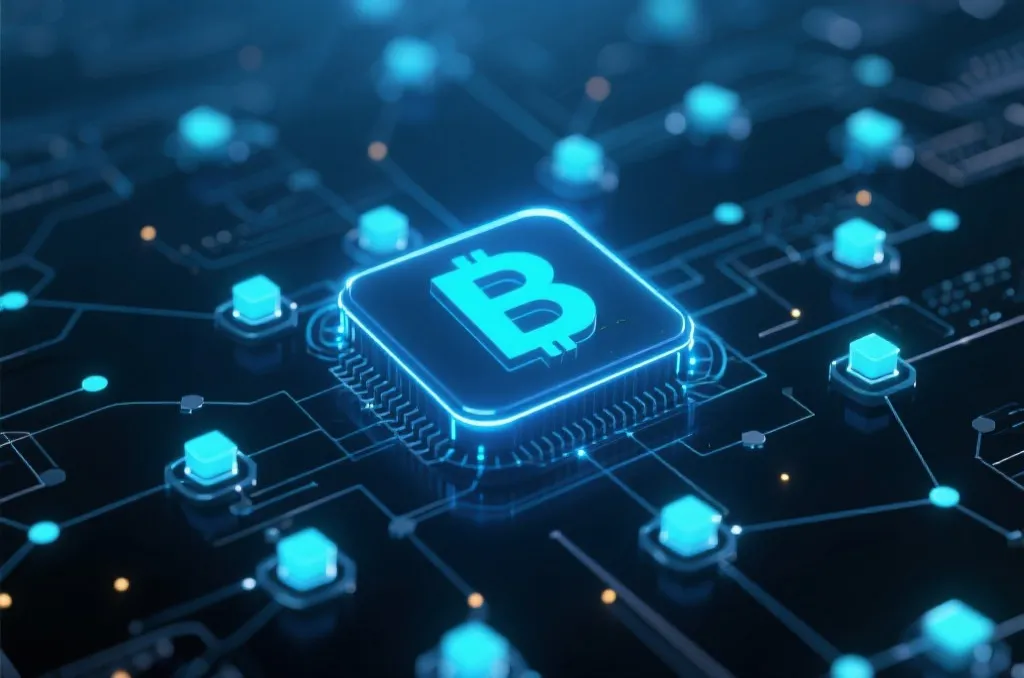Abstract blockchain network visualization with glowing nodes and digital connection lines